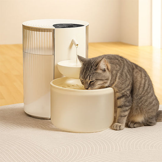 fontaine a eau chat CascadeDuo beige plateau anti éclaboussures eau courante
