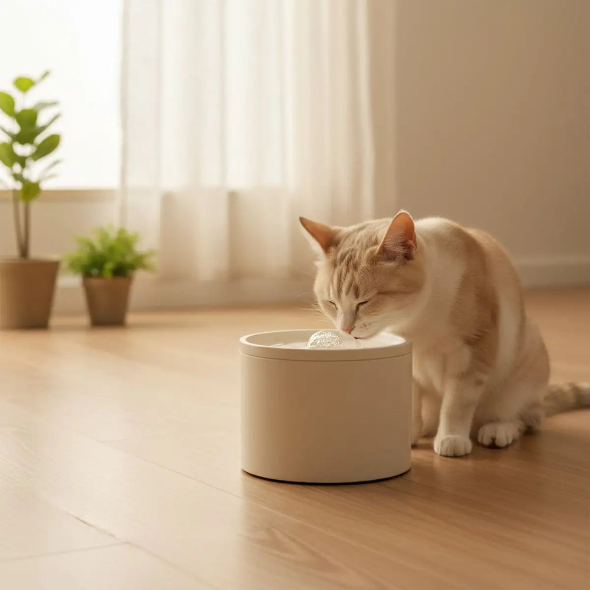 Fontaine à eau CeraStream design épuré, bord arrondi confortable, chaton beige qui s’abreuve en gros plan.