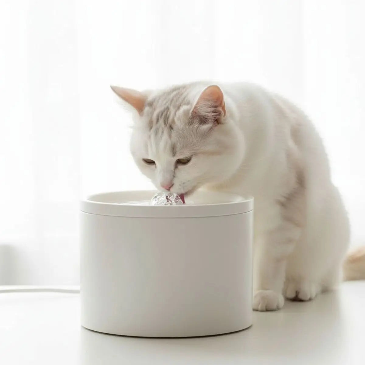 Fontaine à eau CeraStream design épuré, bord arrondi confortable, chaton beige qui s’abreuve en gros plan.