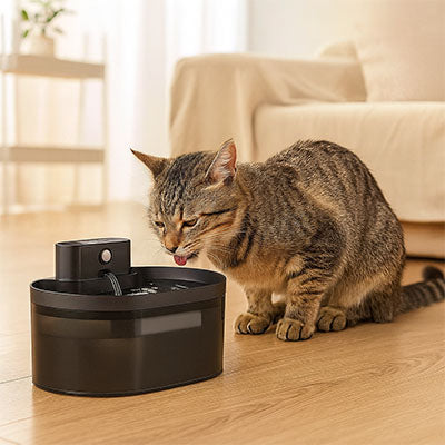 fontaine à eau chat compacte SilenFlow, jeune chat qui lèche le filet d’eau
