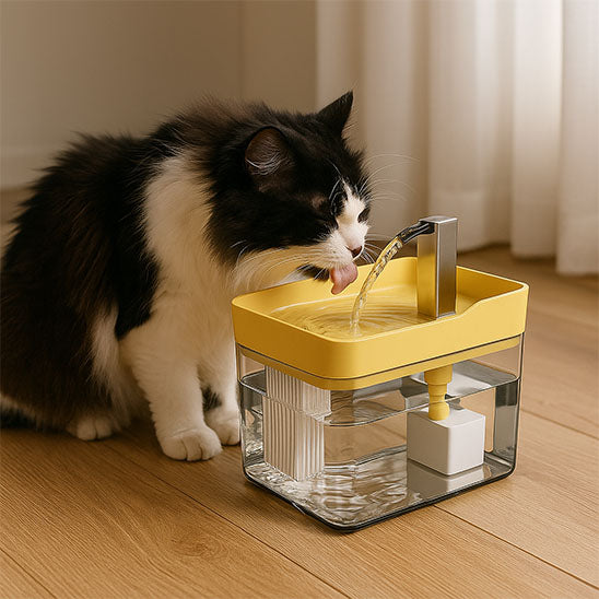 fontaine à eau pour chat jaune, chat qui boit, pompe silencieuse et eau courante
