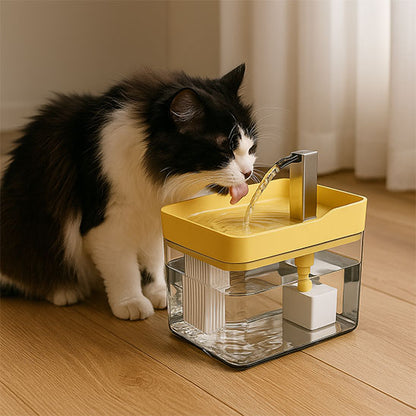 fontaine à eau pour chat jaune, chat qui boit, pompe silencieuse et eau courante