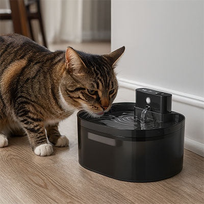 fontaine à eau chat noire SilenFlow, chat tigré qui s’hydrate, eau en mouvement