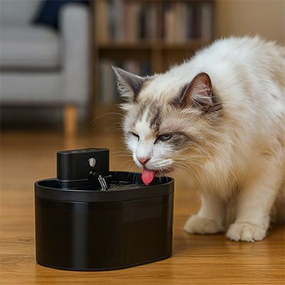 fontaine à eau chat SilenFlow dans le salon, Ragdoll qui boit, pompe silencieuse