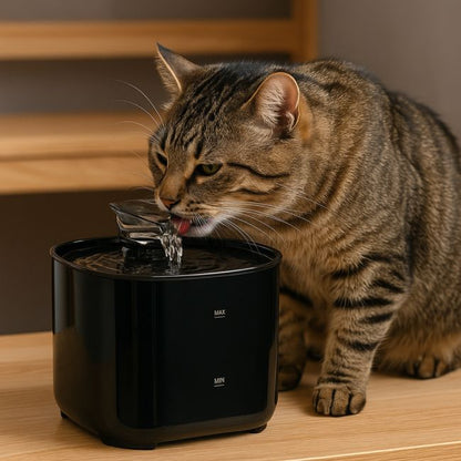 fontaine a eau chat tabby buvant hydrazen
