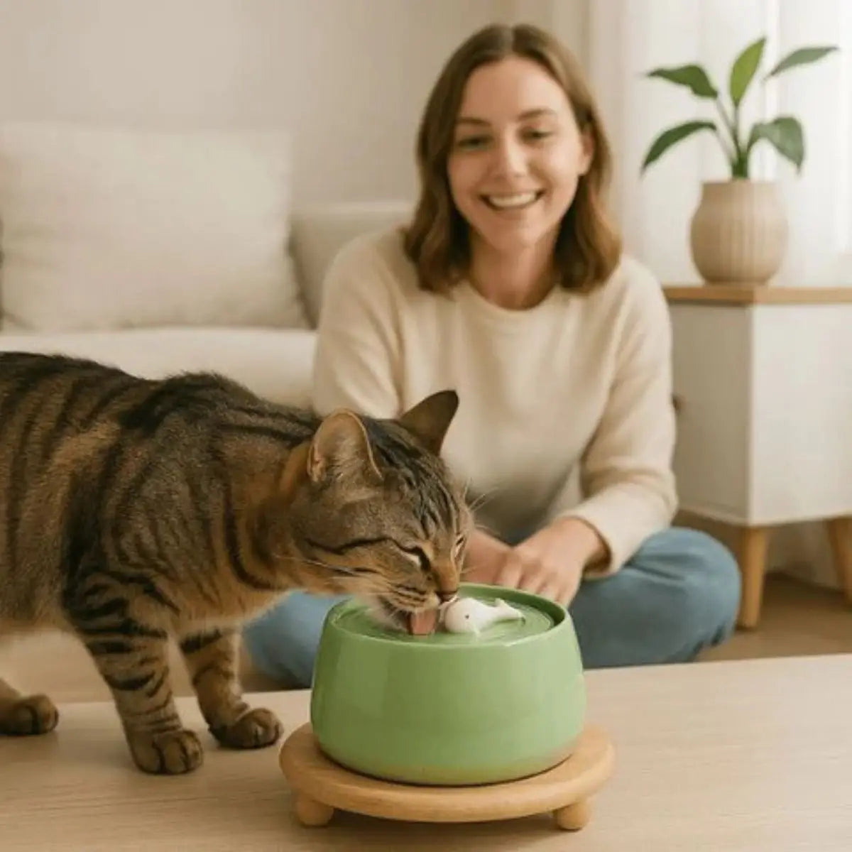 Chat tigré buvant à la fontaine à eau VOFORD en céramique verte, salon cosy avec propriétaire souriante.