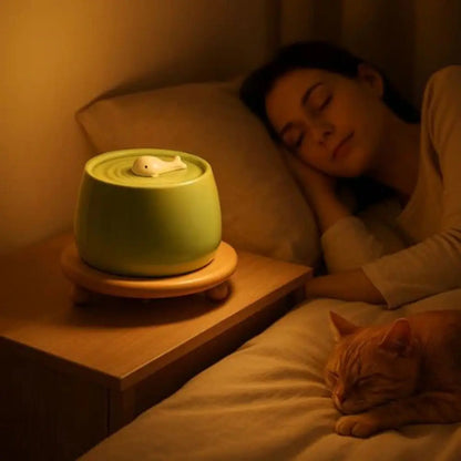 Fontaine à eau VOFORD silencieuse sur table de chevet, lumière douce, chat roux endormi près de sa propriétaire.