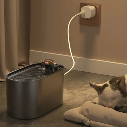 fontaine a eau chat WhisperFlow™ avec design moderne et chat reposant à côté