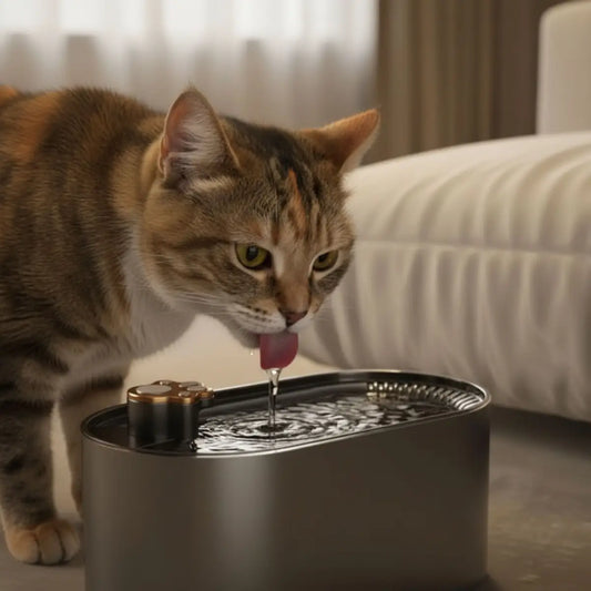 fontaine a eau chat WhisperFlow™ moderne avec un chat buvant dans un intérieur élégant - vue de dessus