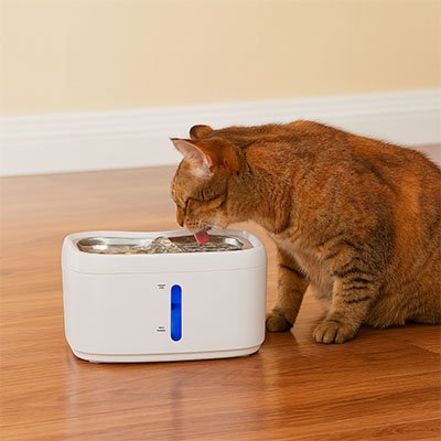 Fontaine à eau connectée pour chat en acier inoxydable, design et moderne, assurant une hydratation saine et surveillée via WiFi.
