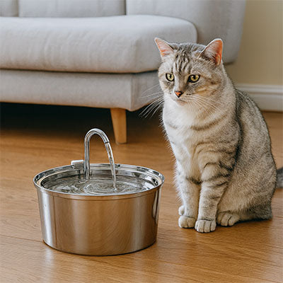 fontaine à eau chat design inox 304 silencieuse intégrée au salon