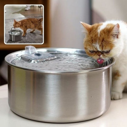 Chat blanc buvant dans la fontaine à eau pour chat AquaPure en inox 3,2L
