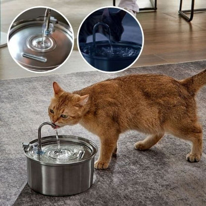 Chat roux utilisant la fontaine à eau en acier inoxydable AquaPure sur sol clair