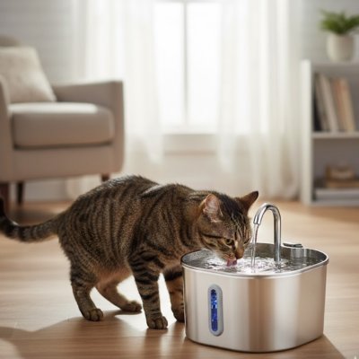 Fontaine pour chat d'intérieur avec son filtre à charbon actif, garantissant une eau pure et saine pour la santé de votre compagnon.