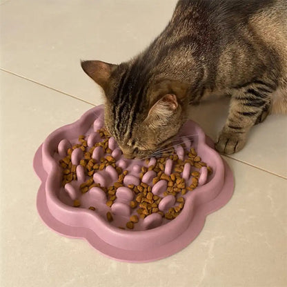 Gamelle pour chat en silicone anti glouton rose, chat tigré, base antidérapante