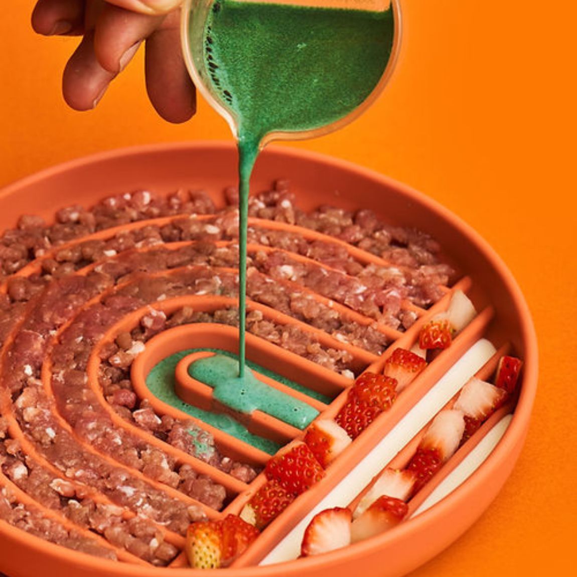 main versant une purée verte dans une gamelle anti glouton chat remplie de viande crue