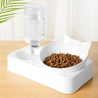 Gamelle chat avec bol blanc en forme de tête de chat et distributeur d’eau