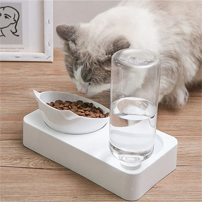 Gamelle chat 2-en-1 compacte, base antidérapante et bouteille d’eau gravitaire