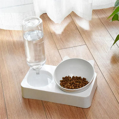 Gamelle pour chat avec réservoir d’eau automatique, bol incliné à oreilles, vue intérieure