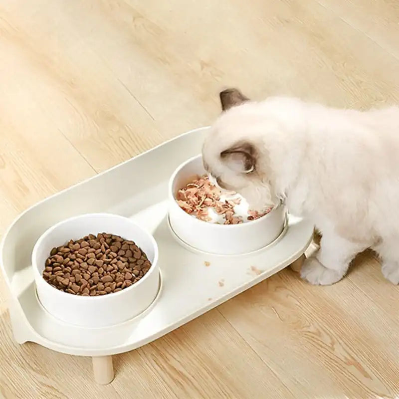 Gamelle chat double ErgoDuo beige avec bols amovibles, nettoyage rapide au quotidien.