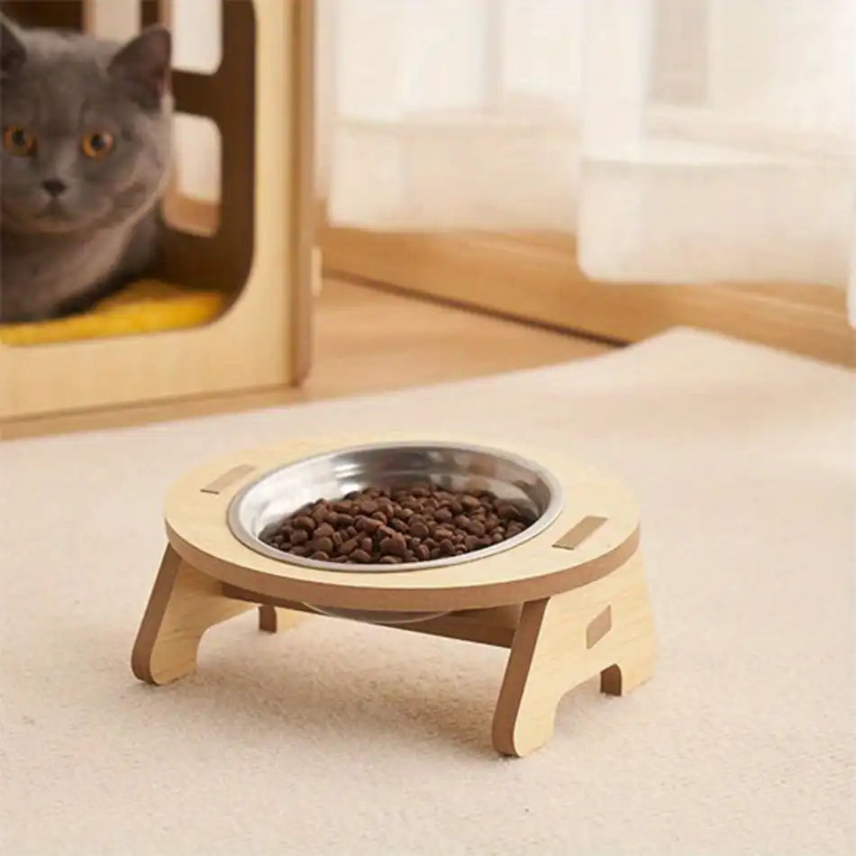 Gamelle chat surélevée en bois, version un bol inox, stable et antidérapante.