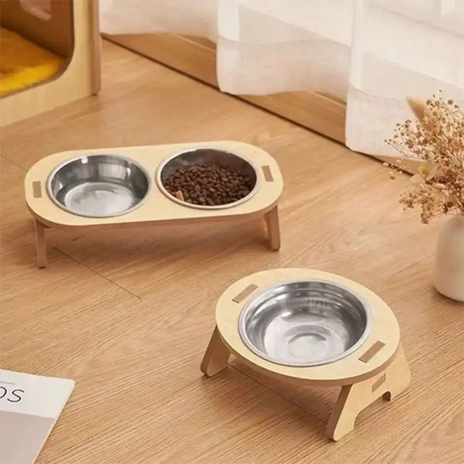 Gamelle chat surélevée en bois, options un bol ou deux bols inox pour eau et croquettes.