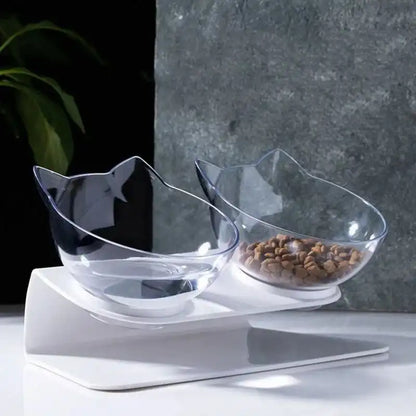 gamelle pour chat surélevée avec double bol incliné à 15°, eau et croquettes visibles