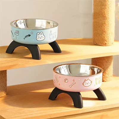Ensemble de gamelles chat surélevées bleu et rose, bols inox amovibles, nettoyage facile au lave-vaisselle.