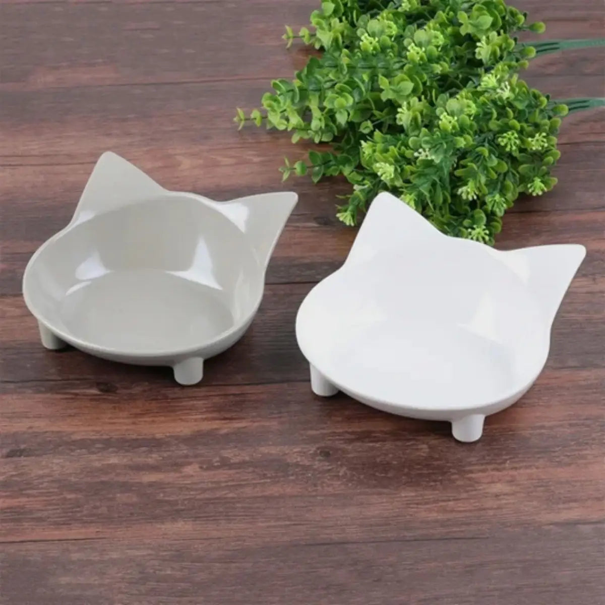 gamelle en ceramique pour chat avec design oreilles sur fond en bois et plante verte