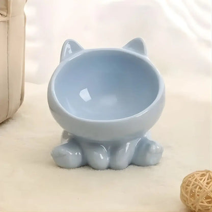 gamelle pour chat Cutie en ceramique bleue, bol incline avec base pattes et oreilles de chat.