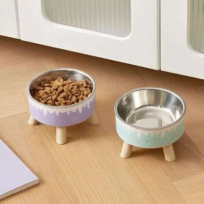 Gamelle Pour Chat avec design moderne et pieds en bois, idéale pour nourriture et eau.