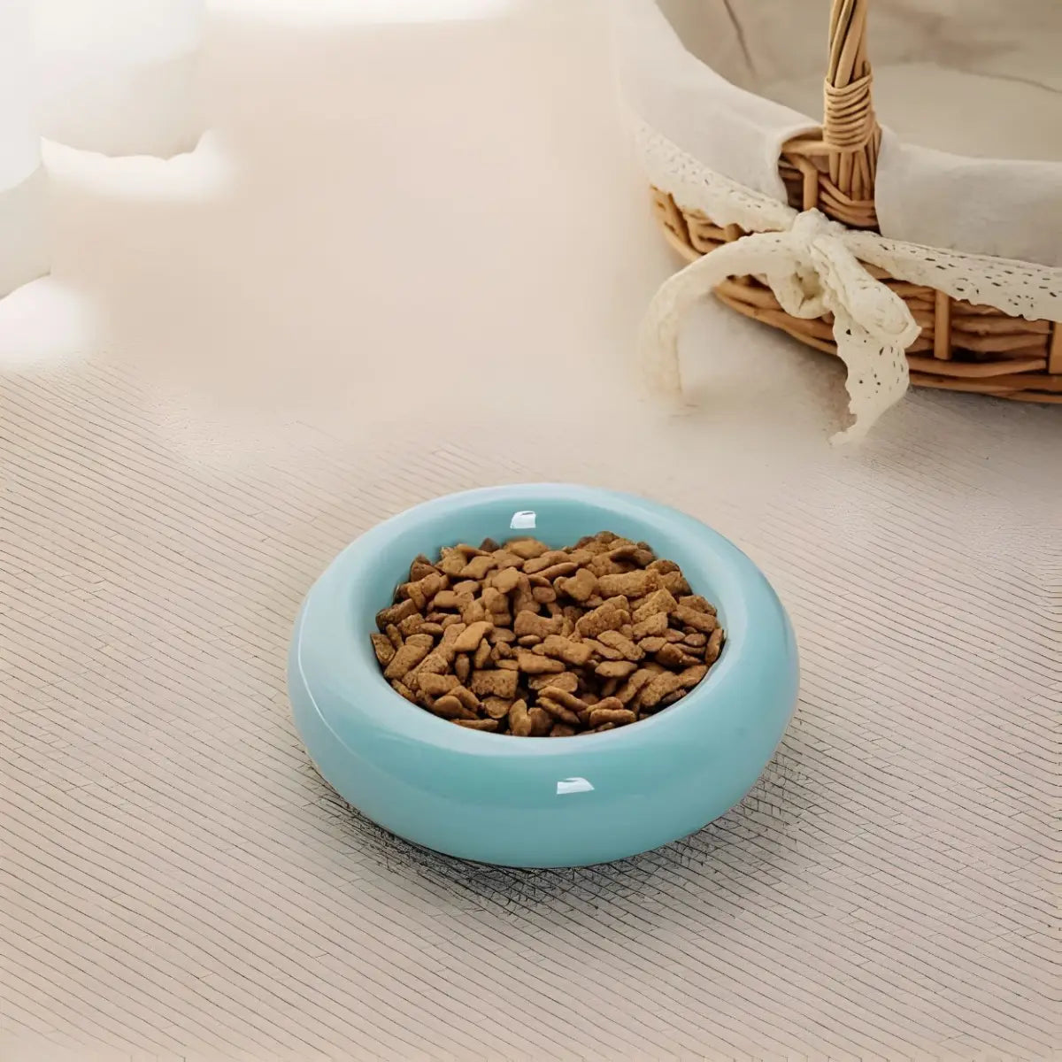 Gamelle Pour Chat en céramique bleue, idéale pour croquettes, design moderne et pratique.