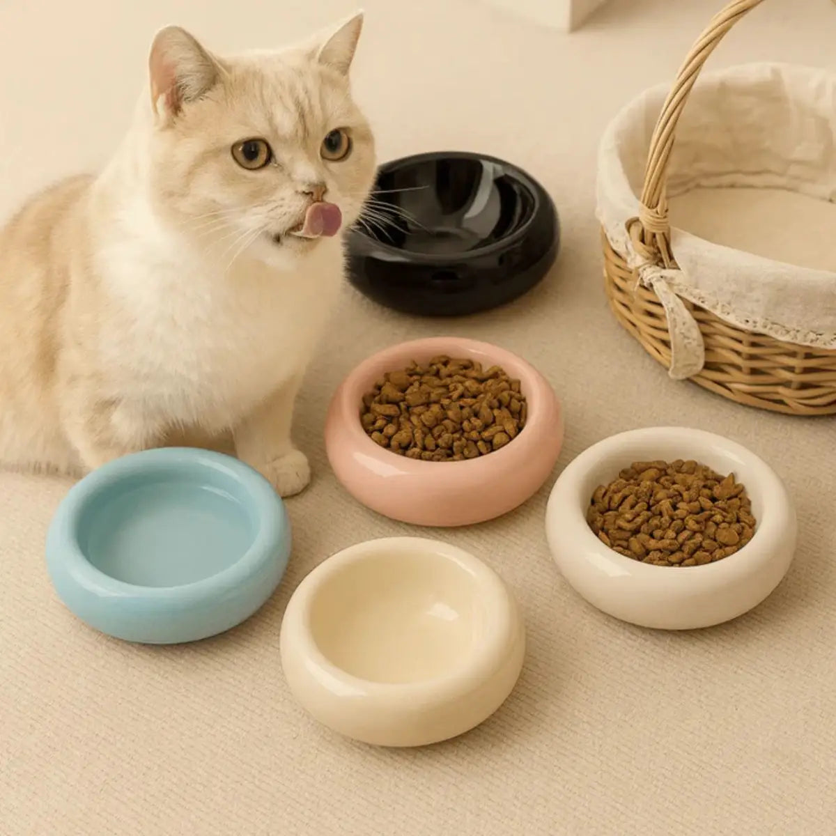 Gamelle Pour Chat HaloBowl™ en céramique, design moderne avec nourriture et chat heureux.