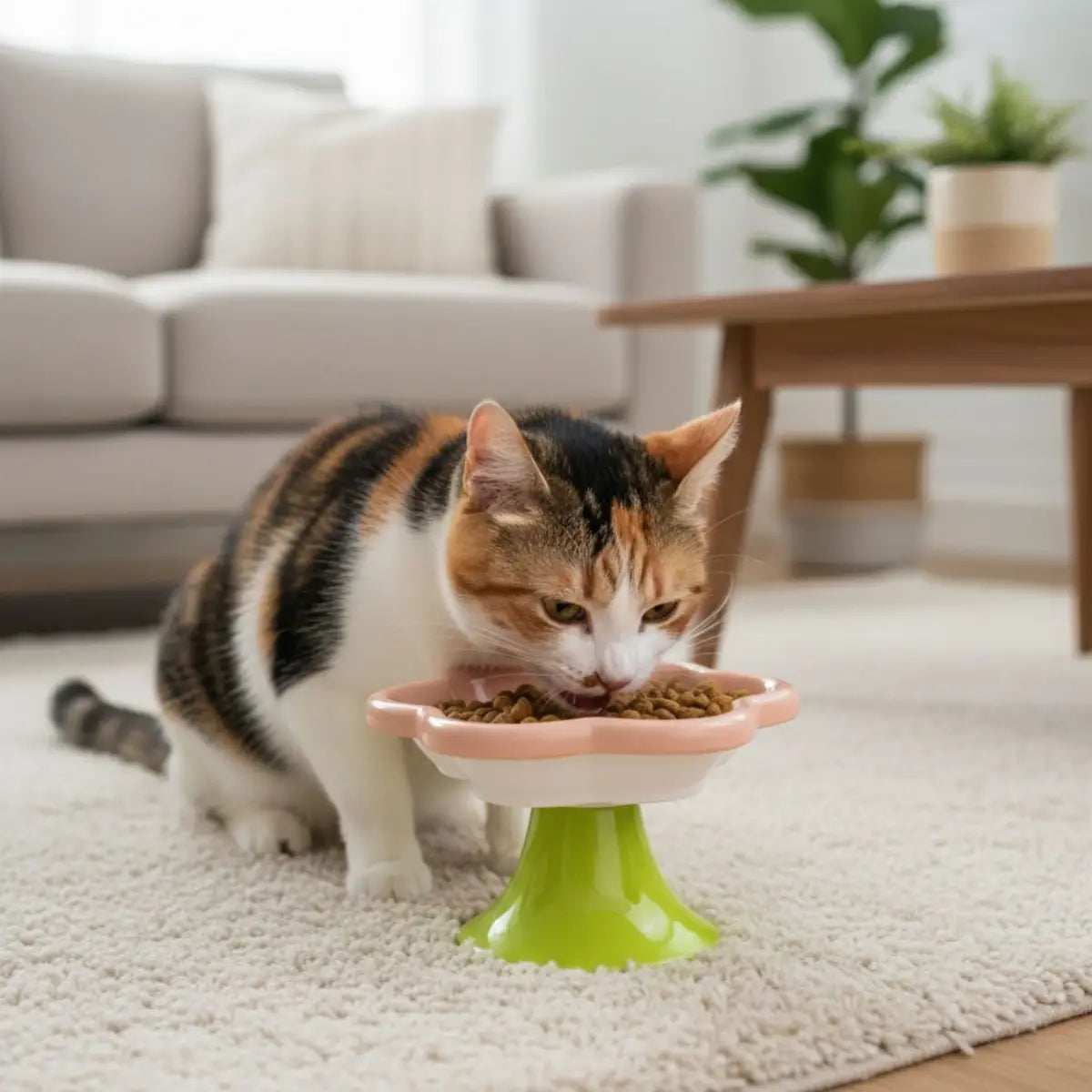 gamelle pour chat PetalBowl sur elevee, scene salon, chat tricolore qui mange.