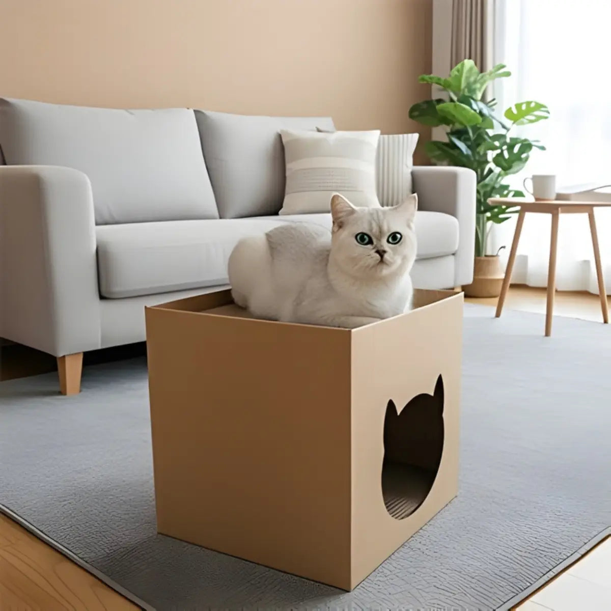 Griffoir en carton pour chat, boîte design avec ouverture en forme de tête de chat. - vue de dessus