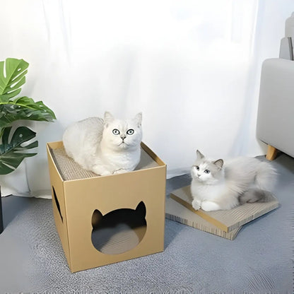 griffoir en carton pour chat design avec deux chats reposant sur une boîte et un plateau en carton - intérieur moderne