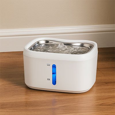 Gros plan sur la base de la fontaine pour chat montrant le système d'alimentation par induction sans fil, garantissant sécurité et silence.