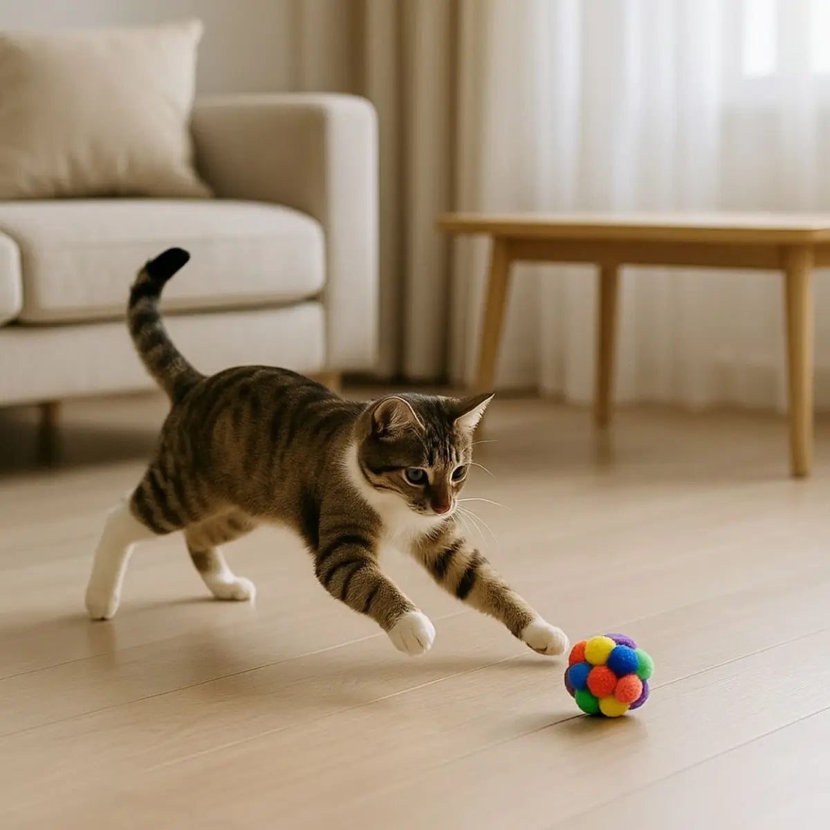 jouet pour chat avec des balles arc-en-ciel, idéal pour divertir votre animal à la maison
