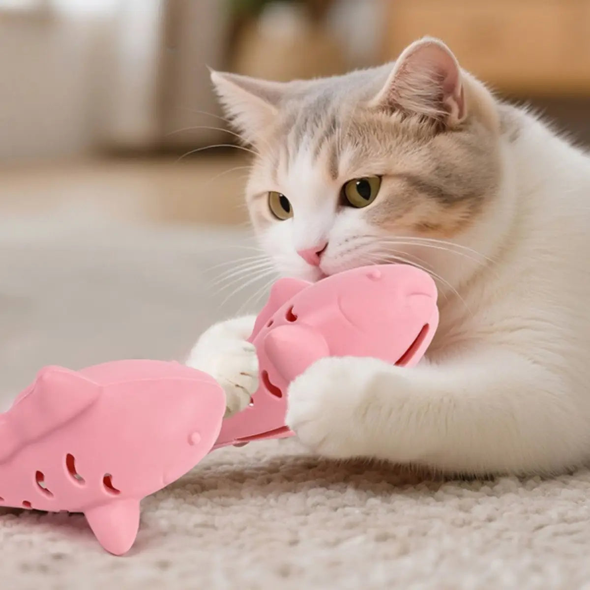 jouet pour chat en forme de poisson rose, idéal pour jouer et mordre - gros plan