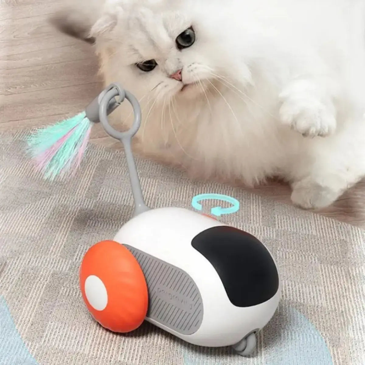Jouet pour chat interactif FélinRunner avec plume colorée et design innovant.