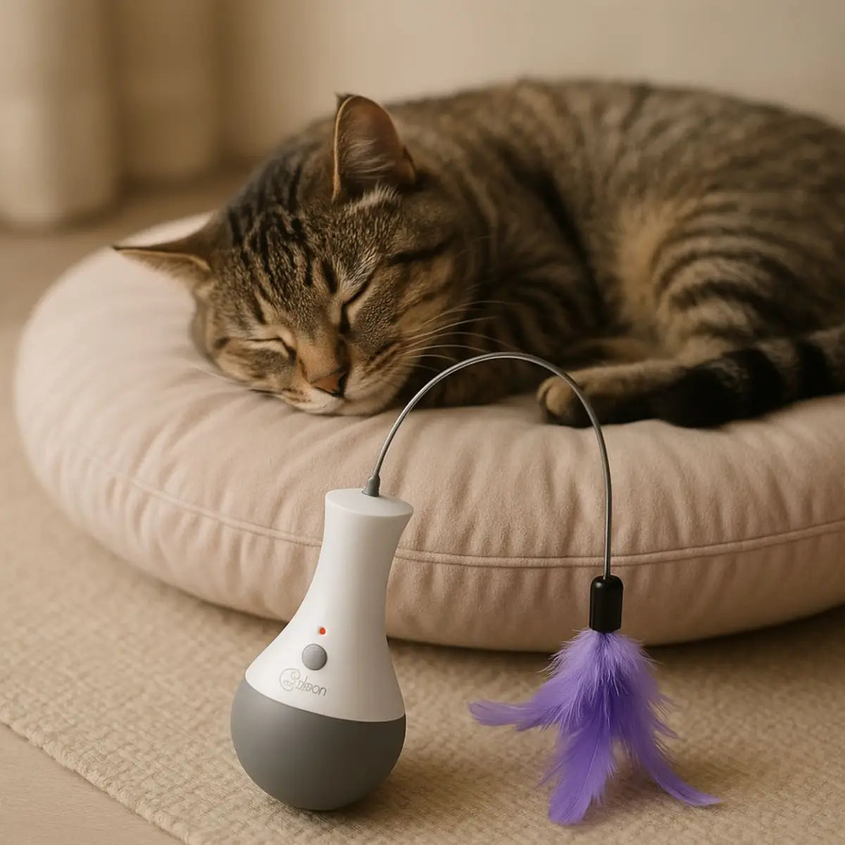 Jouet pour chat GyroChat™ avec plume violette pour divertir votre animal.