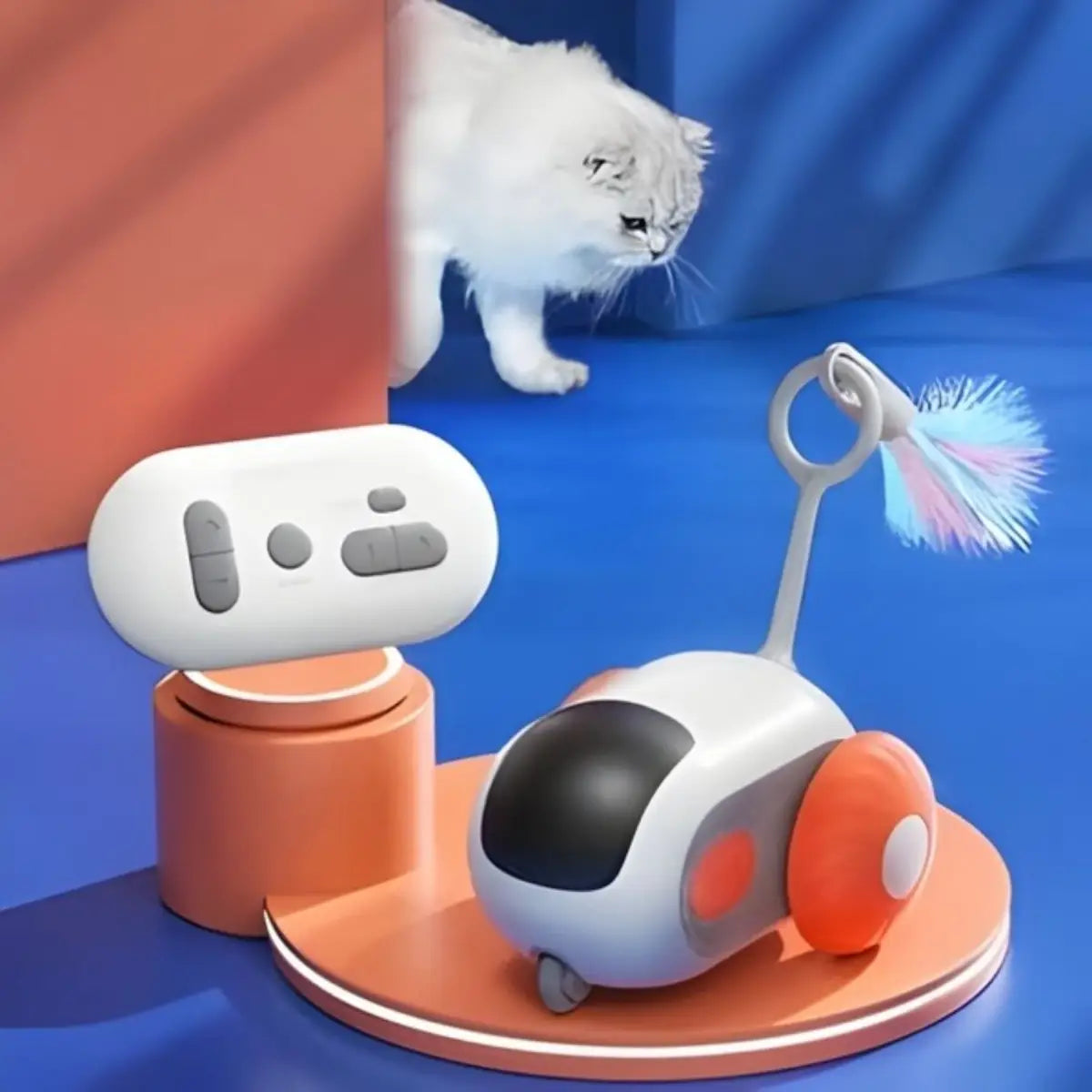 Jouet pour chat interactif avec télécommande et plume colorée, idéal pour stimuler votre félin.