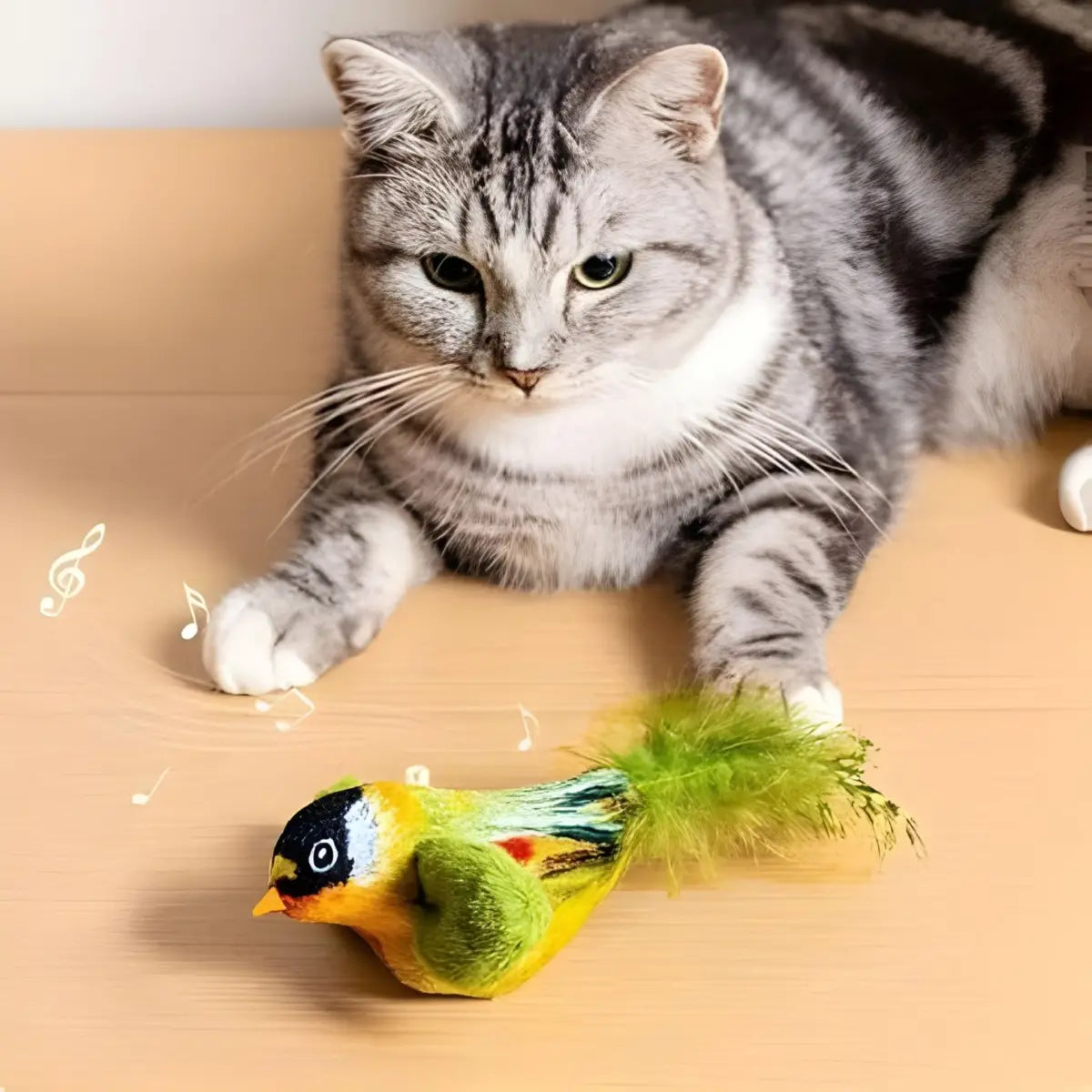 jouet pour chat en forme d'oiseau coloré avec plumes vertes et effets sonores