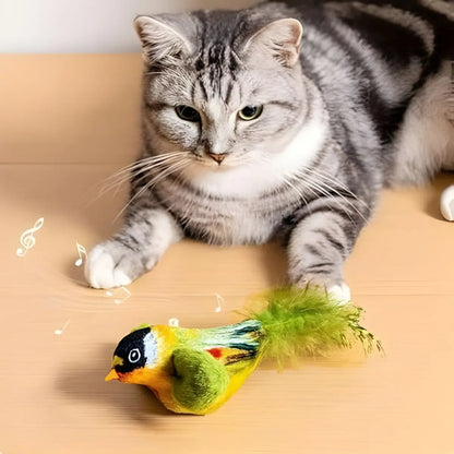 jouet pour chat en forme d'oiseau coloré avec plumes vertes et effets sonores