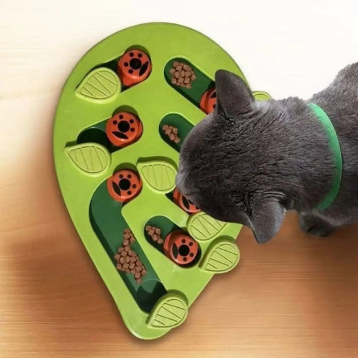 Jouet pour chat interactif en forme de plateau avec croquettes et motifs coccinelles.