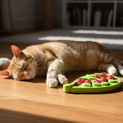 jouet pour chat Pluvia avec un chat roux se reposant à côté