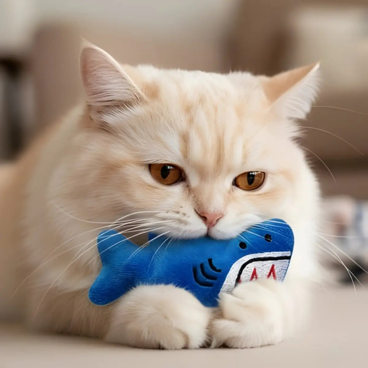 Jouet pour chat en forme de requin bleu, parfait pour divertir votre compagnon.