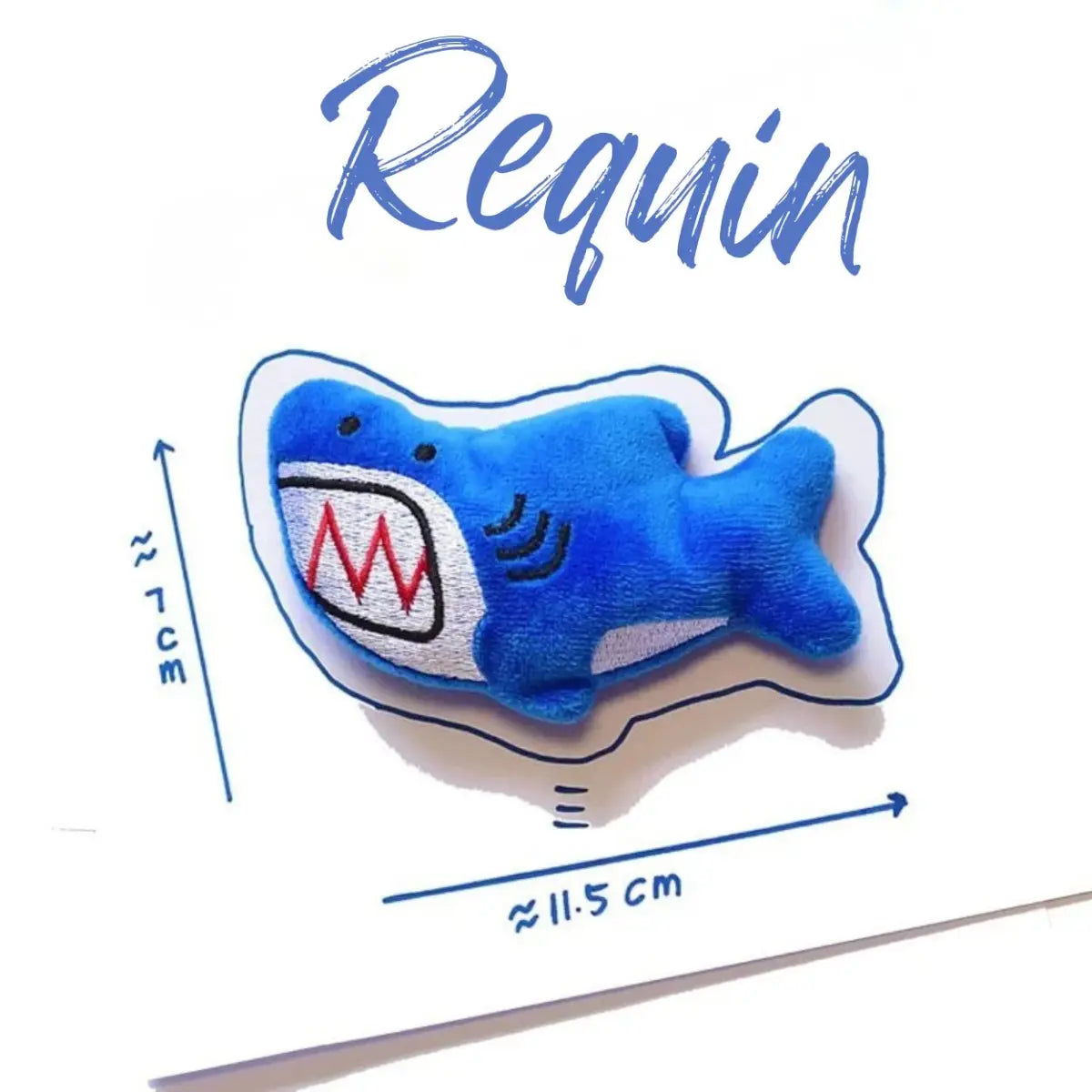 jouet pour chat en forme de requin bleu, dimensions 11.5 cm x 7 cm