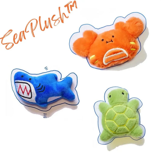Jouet pour chat SeaPlush en forme d'animaux marins colorés, idéal pour jouer.
