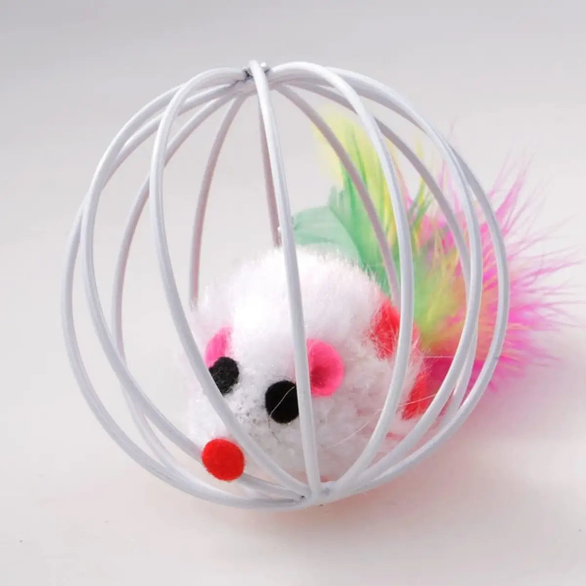 jouet pour chat avec une souris en cage ludique et plumes colorées - intérieur moderne